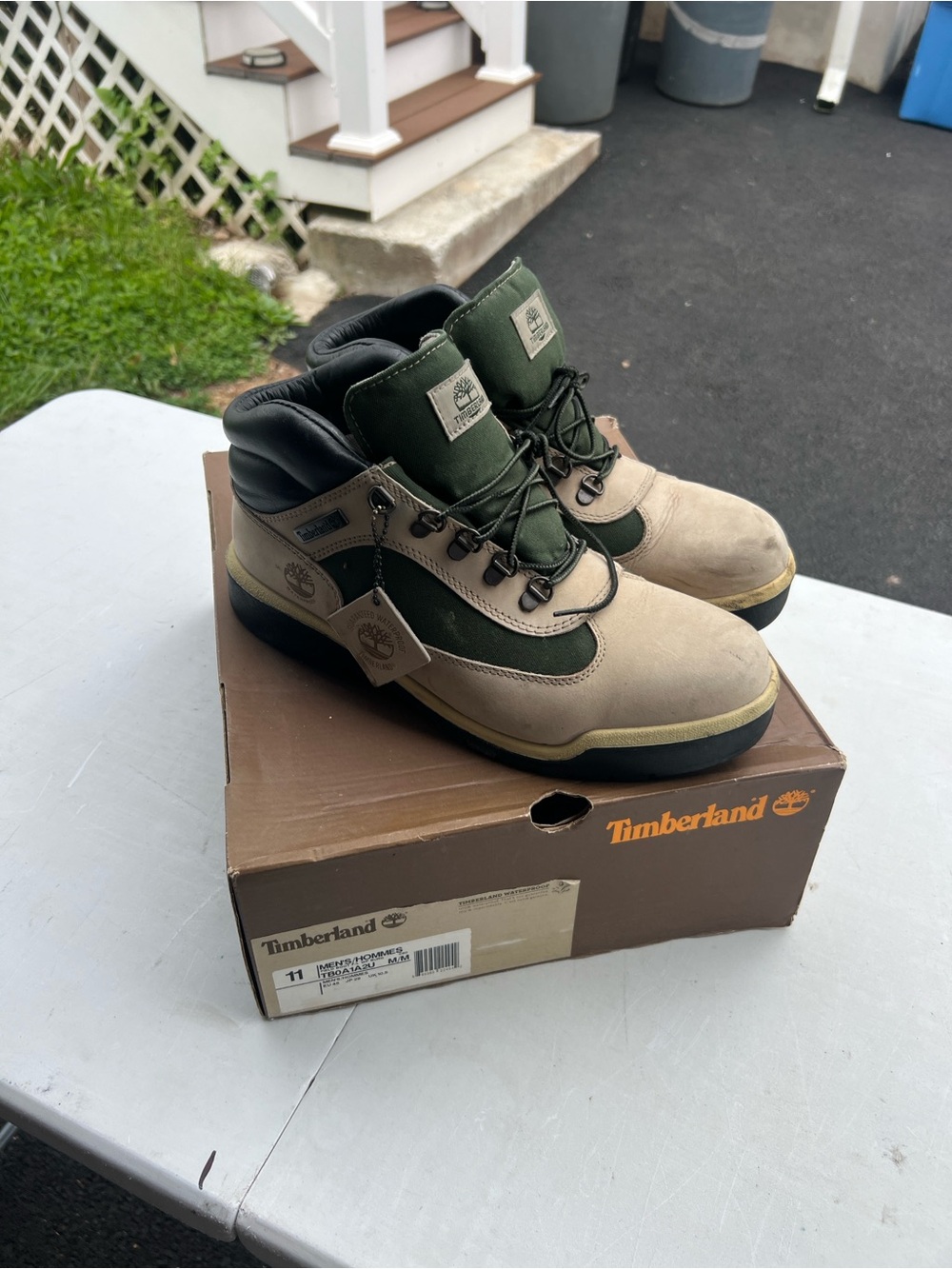 Timberland Men's Beige and Olive Green Hiking Boots Size 11